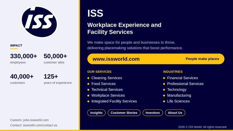 ISS logo with the title “ISS,” the heading “Workplace Experience and Facility Services"