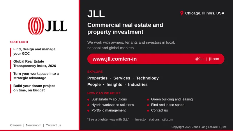 JLL logo with the title “JLL,” the tagline “Commercial real estate and property investment,” Chicago, Illinois, USA